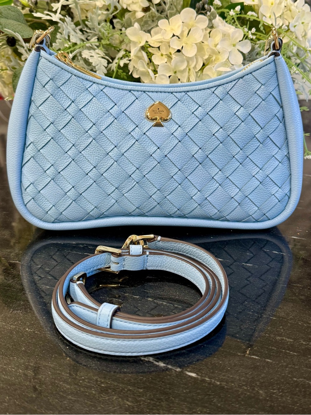 🩵♠️Kate Spade Kayla Woven Leather Small Shoulder Bag Blue NWT Gold Hardware - Picture 3 of 14